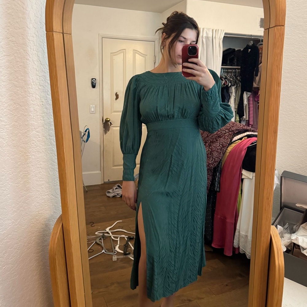 Topshop Green Pleated Bishop Sleeve Gown size 8
